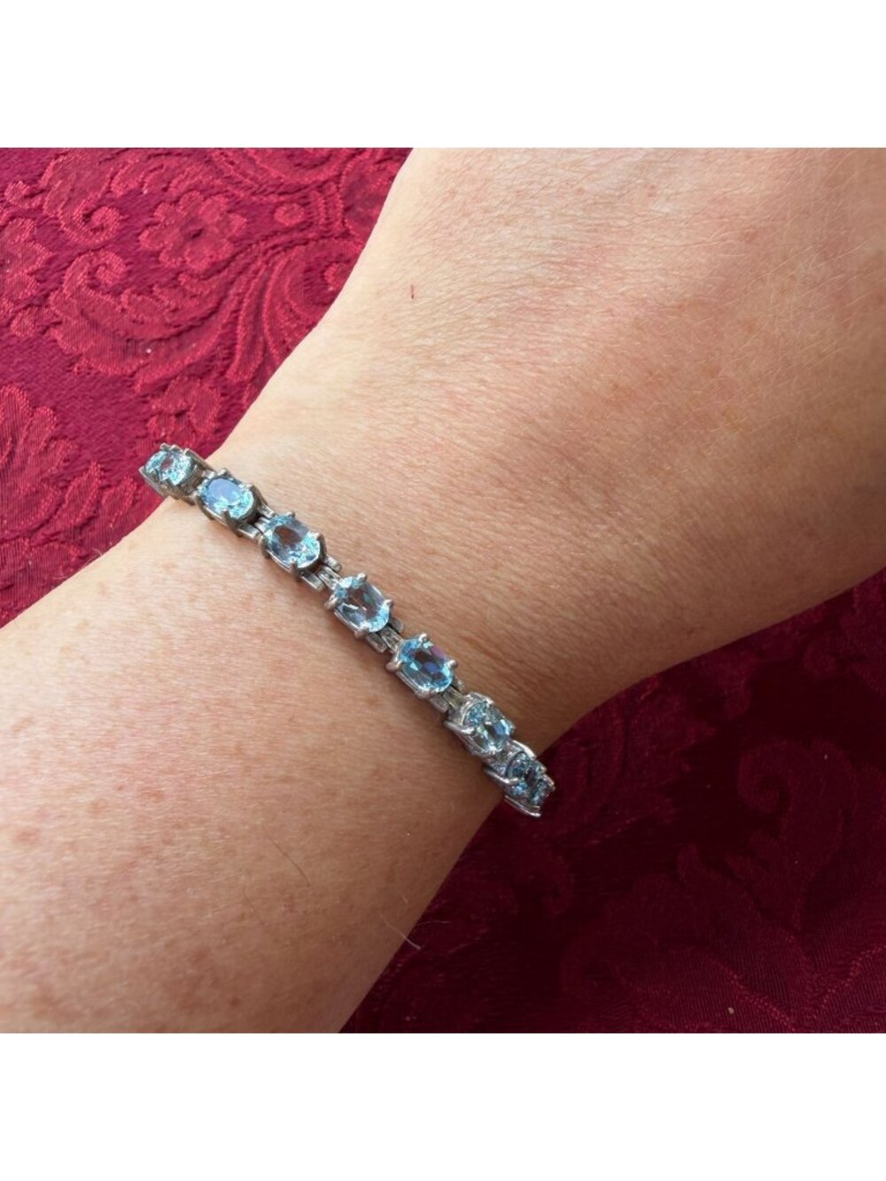 Vintage 925 Sterling Silver Blue Topaz Tennis Bracelet Oval Prong Set Box Clasp